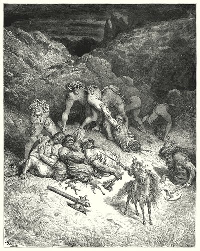 Gustave Dores Don Quixote: "Como Felixmarte cortou cinco gigantes pelo meio" (gravura) de Gustave Dore