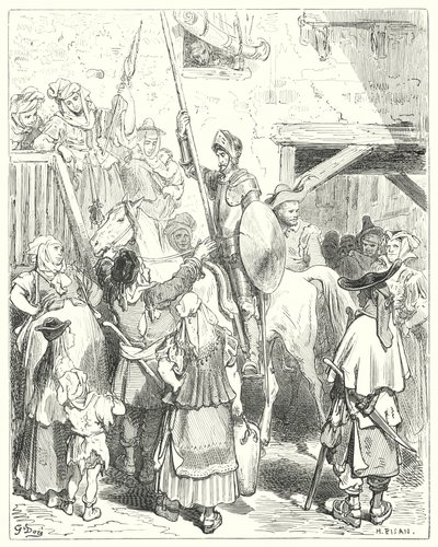 Gustave Dores Don Quixote: "Eu não tenho nada a ver com tudo isto", gritou o estalajadeiro; "pague a sua conta" (gravura) de Gustave Dore