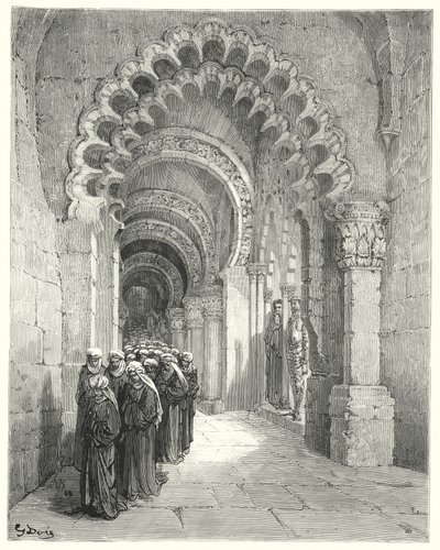 Gustave Dores Dom Quixote: "Vi uma procissão lúgubre das mais belas donzelas, todas de preto" (gravura) de Gustave Dore