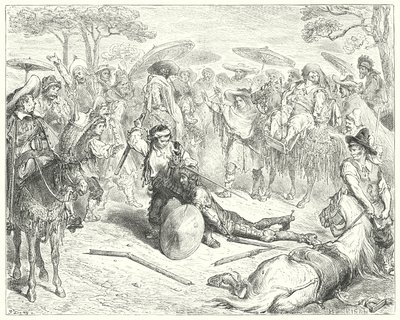 Gustave Dores Dom Quixote: "Apesar dos seus braços, ele bateu-lhe como a uma folha de trigo" (gravura) de Gustave Dore