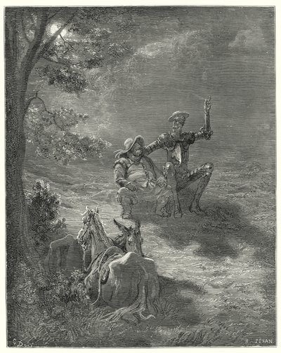 Gustave Dores Dom Quixote: "Em tais discursos eles passaram grande parte da noite" (gravura) de Gustave Dore