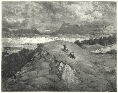 Gustave Dores Dom Quixote: "Era noite antes dos nossos dois viajantes chegarem à parte mais deserta da montanha" (gravura) de Gustave Dore