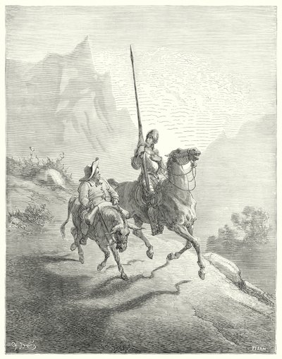 Gustave Dores Dom Quixote: "Ainda era cedo pela manhã, quando os raios de sol não se revelaram tão ofensivos" (gravura) de Gustave Dore