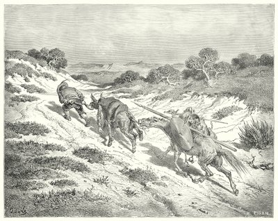 Gustave Dores Don Quixote: "Levando a bunda pelo cabresto, ele pegou o caminho mais próximo que podia adivinhar para a estrada alta" (gravura) de Gustave Dore