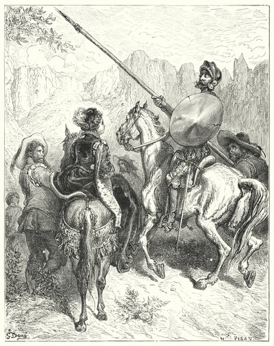 Gustave Dores Dom Quixote: "Agora, senhora", disse Dom Quixote, "deixe-me implorar a sua grandeza para me dizer para que lado devemos ir, para lhe prestar serviço" (gravura) de Gustave Dore