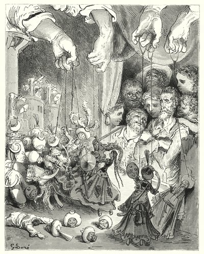 Gustave Dores Dom Quixote: "Observe o que uma vasta companhia de cavalos brilhantes vem derramando fora da cidade, em busca dos amantes cristãos" (gravura) de Gustave Dore