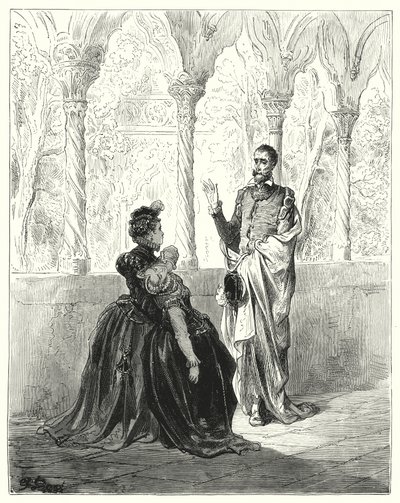Gustave Dores Dom Quixote: "Orai, meu Senhor Dom Quixote, retirai-vos, porque esta pobre criatura jovem não virá a si mesma enquanto estiverdes por vós" (gravura) de Gustave Dore