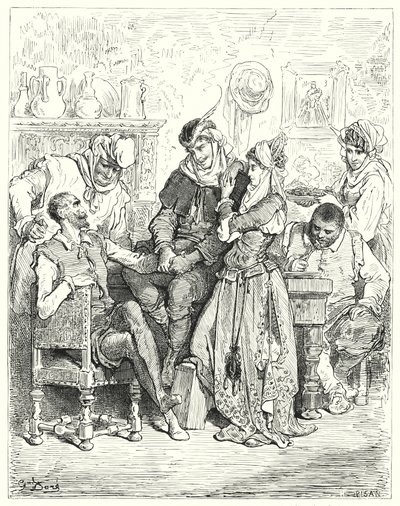 Gustave Dores Dom Quixote: "Sancho e seu mestre ficaram três dias com um jovem casal e se divertiram como príncipes" (gravura) de Gustave Dore