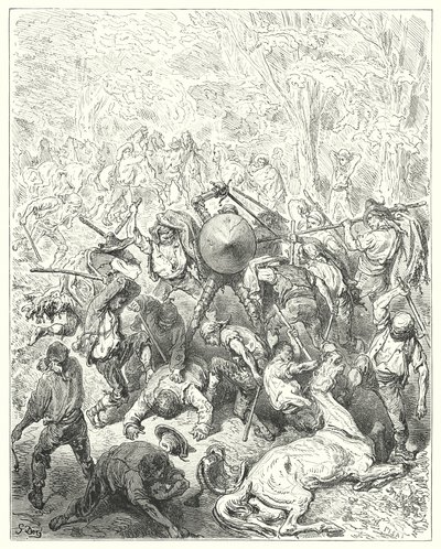 Gustave Dores Don Quixote: "Os ianguesianos se agarraram às suas alavancas e às suas escadarias" (gravura) de Gustave Dore