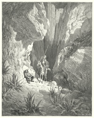 Gustave Dores Dom Quixote: "A primeira coisa que ele encontrou foi a corrente de ar bruta de um soneto; então ele leu-o em voz alta" (gravura) de Gustave Dore
