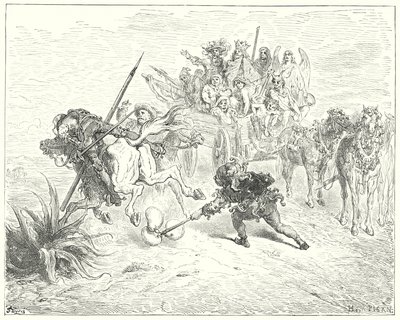 Gustave Dores Don Quixote: "O idiota da peça surgiu a tocar com os seus sinos morrice" (gravura) de Gustave Dore