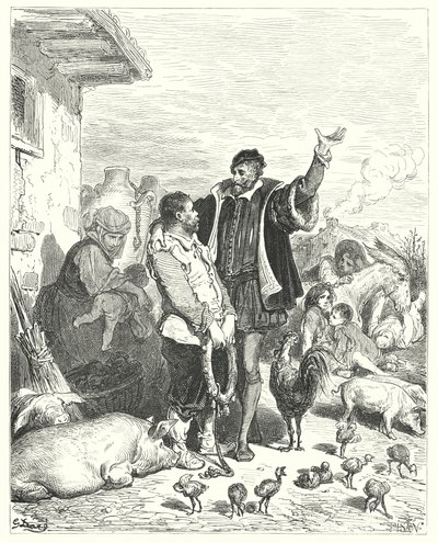 Gustave Dores Dom Quixote: "O cavaleiro fez-lhe tantas promessas justas, que finalmente o pobre palhaço consentiu em ir com ele e tornar-se seu escudeiro" (gravura) de Gustave Dore