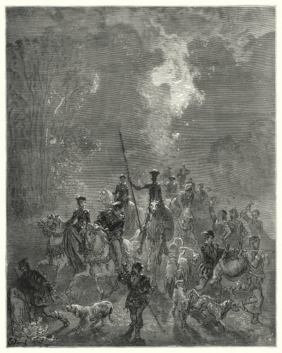 Gustave Dores Dom Quixote: "A manhã começou a espalhar seu olhar sorridente no quarto oriental dos céus" (gravura) de Gustave Dore