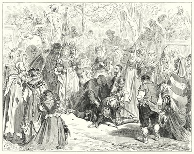 Gustave Dores Dom Quixote: "A pobre virgem, tremendo e consternada sem dizer uma palavra, veio ao pobre Basil" (gravura) de Gustave Dore