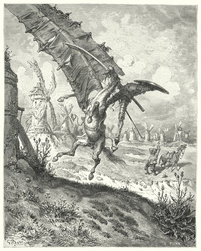 Gustave Dores Dom Quixote: "A vela atirou para longe tanto o cavaleiro como o cavalo junto com ela" (gravura) de Gustave Dore