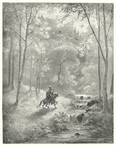 Gustave Dores Dom Quixote: "O céu lhe aparece mais transparente, e o sol parece brilhar com um brilho redobrado" (gravura) de Gustave Dore