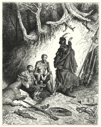 Gustave Dores Dom Quixote: "Os escudeiros deixaram Dom Quixote, Roque e Sancho à espera do seu regresso" (gravura) de Gustave Dore