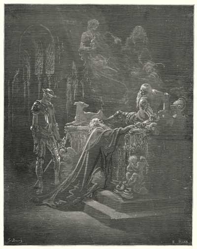 Gustave Dores Dom Quixote: "O venerável Montesinos caiu de joelhos diante do aflito cavaleiro" (gravura) de Gustave Dore