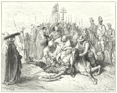 Gustave Dores Dom Quixote: "Os acentos woful da voz do escudeiro são finalmente chamados Dom Quixote para si mesmo" (gravura) de Gustave Dore