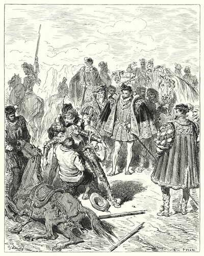Gustave Dores Dom Quixote: "Encontraram-no pálido, e com suor frio" (gravura) de Gustave Dore