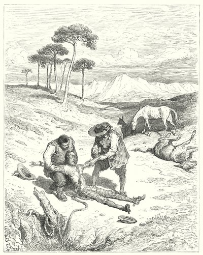 Gustave Dores Dom Quixote: "Descobriram que seus olhos estavam fechados, como se estivesse dormindo profundamente" (gravura) de Gustave Dore