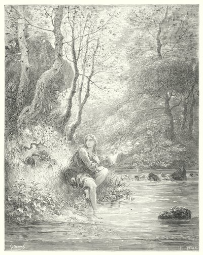 Gustave Dores Dom Quixote: "Espiaram um jovem de hábito campestre, sentado aos pés de uma rocha atrás de um freixo" (gravura) de Gustave Dore