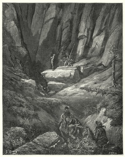 Gustave Dores Dom Quixote: "Eles continuaram por cerca de três quartos de uma liga, e depois entre as rochas espiaram Dom Quixote, que por esta altura já tinha vestido as suas roupas, embora não a sua armadura" (gravura) de Gustave Dore