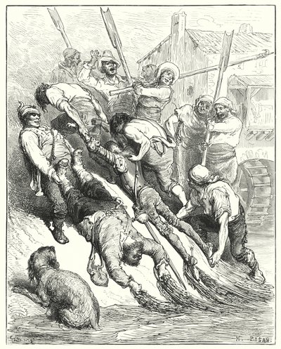 Gustave Dores Don Quixote: "Ambos foram transportados para terra, mais a abarrotar do que a sede" (gravura) de Gustave Dore
