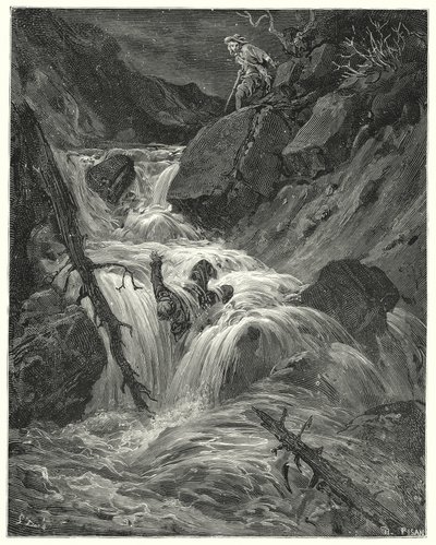 Gustave Dores Dom Quixote: "Com a pouca força que tinha empurrei-o para um precipício, onde o deixei" (gravura) de Gustave Dore