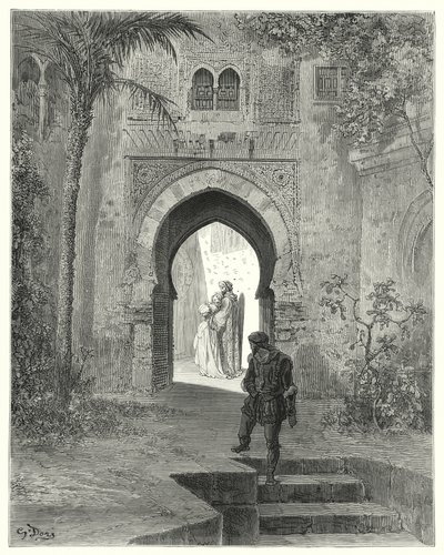 Gustave Dores Dom Quixote: "Zoraida, mostrando problemas na aparência, foi embora com seu pai" (gravura) de Gustave Dore