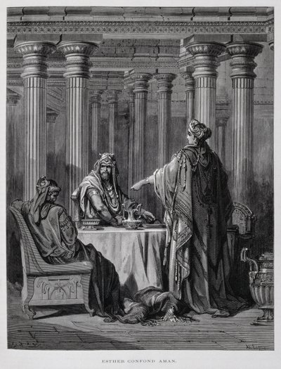 Hamã denunciado pela rainha Ester, ilustração da Bíblia de Dore de Gustave Dore