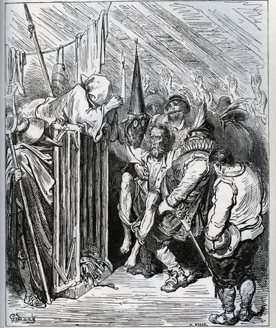 Como se livrar do Dom Quixote. As pessoas da loja do hotel decidiram prendê-lo fazendo-o acreditar num novo encantamento e num novo teste de cavalheirismo - de "Don Quixote de la Mancha" de Miguel Cervantes (1547-1616) (Don Quixote) - Lenhador depois de de de Gustave Dore