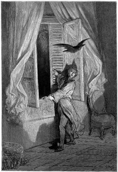 Ilustração de Gustave Dore (1832-1883) para o conto "O Corvo", de Edgar Allan Poe. Esta série foi concluída por Dore em 1883, ano da sua morte, sendo por isso uma das suas obras mais recentes - de Gustave Dore