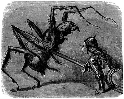 Ilustração de Gustave Dore (1832-1883) para o livro de Ernest Lepine "La legende de Croquemitaine" (1863) - Perante esta imagem de luta com a espada contra um gigantesco araignee, não podemos deixar de pensar na batalha de Frodo e Aragne em Tolkien de Gustave Dore