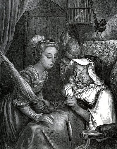 Ilustração de Gustave Dore para um conto de Charles Perrault: A Bela Adormecida. A princesa vai picar-se no rabo de gato de uma velha que foge no fuso. de Gustave Dore