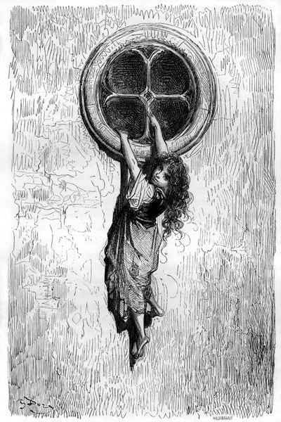 Ilustração de Gustave Dore para o romance "Le Capitaine Fracasse" de Theophile Gautier (1811-1872). Ágil como um gato e magra como uma cobra, a jovem Chiquita atravessa uma janela para se juntar à prisioneira Isabelle. de Gustave Dore