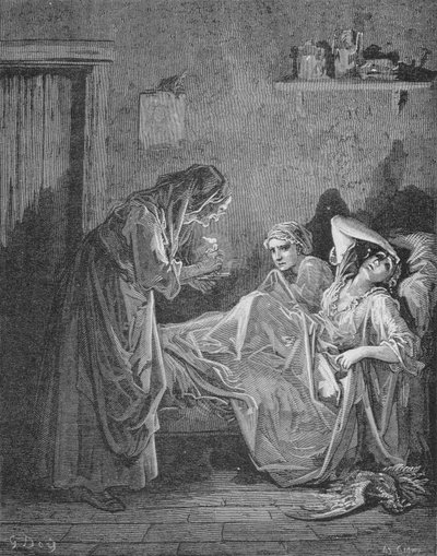 Ilustração para a velha e os dois servos, de &39;fábulas&39; por Jean de La Fontaine (1621-95) de Gustave Dore
