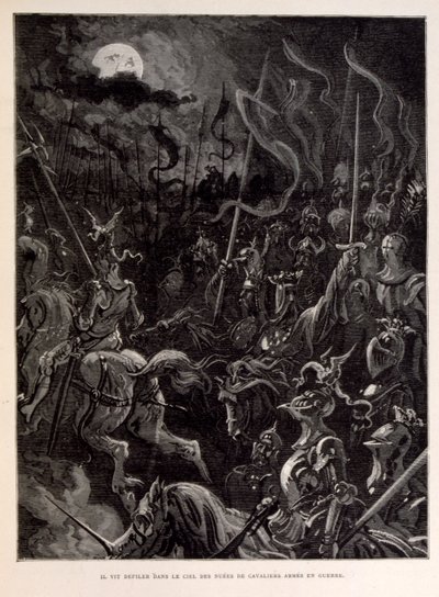 Ilustração de cavaleiros em batalha durante uma noite de luar. de Gustave Dore
