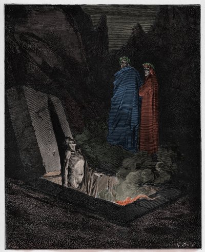 Inferno, Canto 10: Farinata de Uberti fala com Dante, ilustração da "Divina Comédia" de Dante Alighieri, 1885 de Gustave Dore