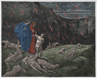 Inferno, Canto 15: Brunetto Latini aborda Dante, ilustração da "Divina Comédia" de Dante Alighieri, 1885 de Gustave Dore