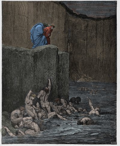 Inferno, Canto 18: Paramours e bajuladores no oitavo círculo, ilustração de "The Divine Comedy", de Dante Alighieri, 1885 de Gustave Dore