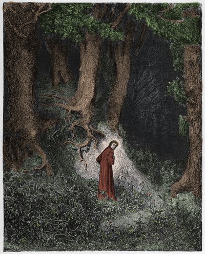 Inferno, Canto 1: Dante na madeira selvagem, ilustração de "The Divine Comedy", de Dante Alighieri, 1885 de Gustave Dore