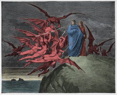 Inferno, Canto 21: Os demônios ameaçam Virgil, ilustração da "Divina Comédia" de Dante Alighieri, 1885 de Gustave Dore