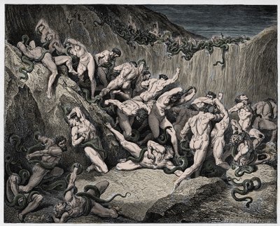 Inferno, Canto 24: Os ladrões atormentados por serpentes, ilustração da "Divina Comédia" de Dante Alighieri, 1885 de Gustave Dore