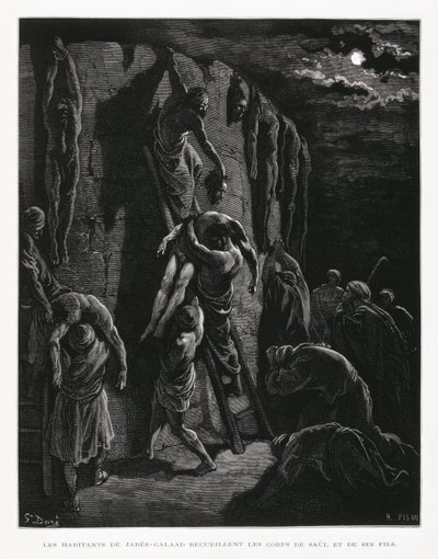 Os Jabesh-Gileaditas recuperam os corpos de Saul e dos seus filhos, Ilustração da Bíblia de Dore de Gustave Dore