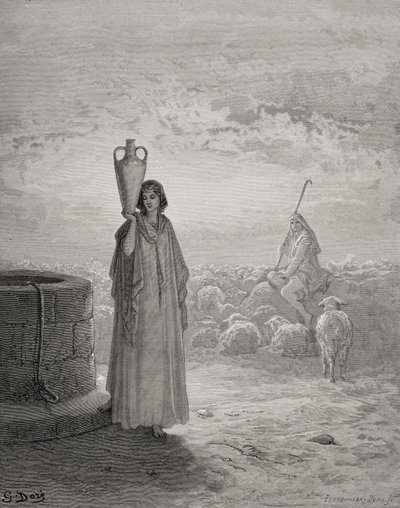 Jacob Mantendo Laban&39;s Flock, ilustração da "Bíblia Sagrada" de Dore, gravada por Pannemaker, 1866 de Gustave Dore