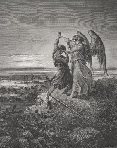 Jacó Lutando com o Anjo, Gênesis 32: 24-32, ilustração da "Bíblia Sagrada" de Dore, gravada por Laplante, 1866 de Gustave Dore