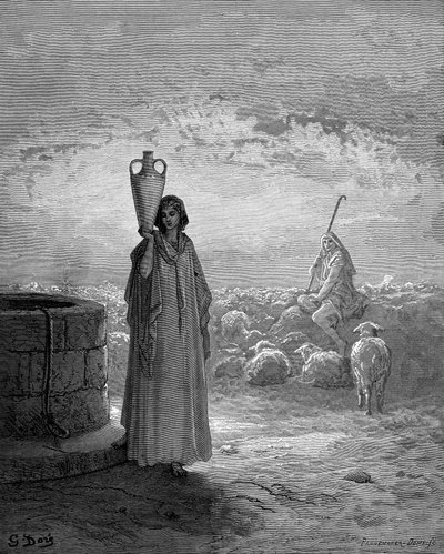 Jacó, mantendo os rebanhos de Labão, vê Raquel no poço, 1866 de Gustave Dore