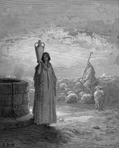 Jacob, que guarda os rebanhos de Labão, vê Raquel junto ao poço. Génesis 29. Da Bíblia ilustrada de Gustave Dore, 1866. Gravura em madeira de Gustave Dore