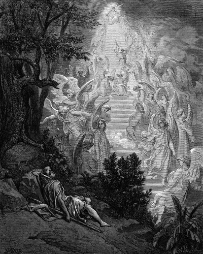 Jacobs sonha com uma escada que leva ao céu com Deus no topo, 1865-1866 de Gustave Dore